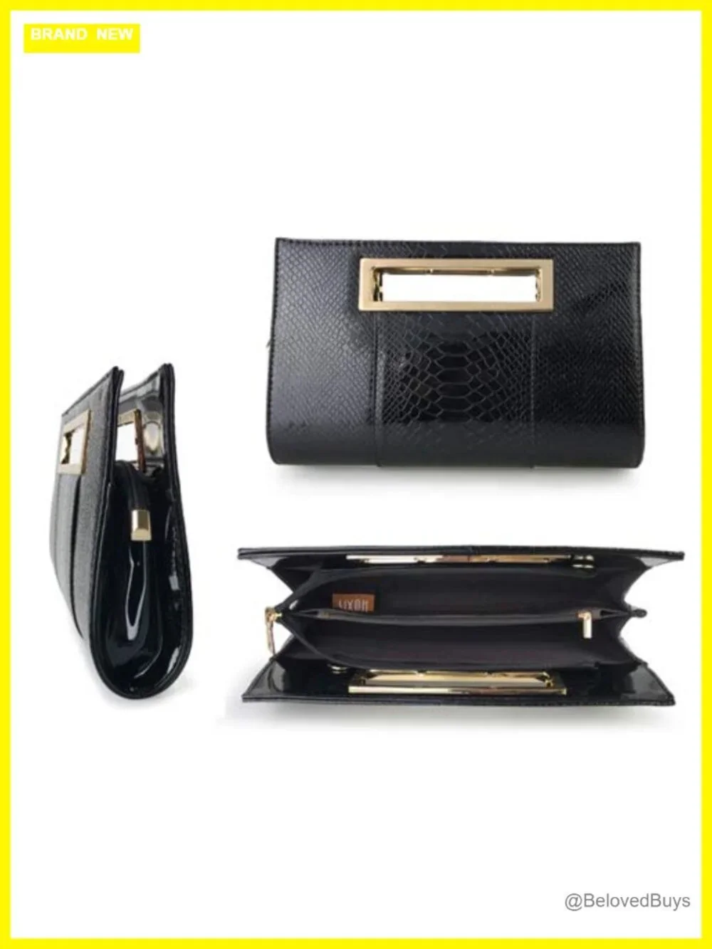 Faux Leather Crocodile Pattern Clutch with Cut-Out Metal Handle and Chain Strap